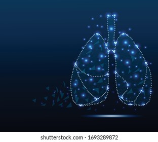 Human lungs in polygonal low poly with triangles style. Lungs of healthy person. Abstract technology vector illustration with polygon, line, connecting dots,  isolated on blue background.