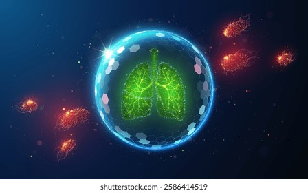 Human Lungs Protected by Shield from Bacteria Made of Neon Particles.Abstract geometric illustration on bacterial, virulent respiratory disease prevention healthcare medical concept on blue background