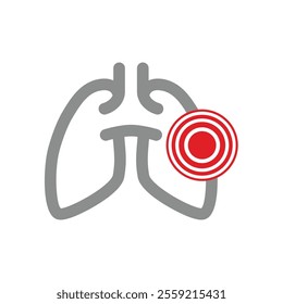 Human lungs with red circle pain or ache. Pneumonia or asthma, cancer vector icon.