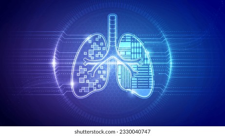 Human Lungs, Respiratory Pulmonary System, Trachea-Alveoli Cybernetic Futuristic Robotic Circuit Board Translucent Neon Glow Medical Hologram Backdrop Background Illustration