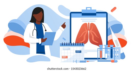 Human Lungs And Respiratory System Inspection. Pulmonology Of Human Vector Illustration For Website, App, Banner. Fibrosis, Tuberculosis, Pneumonia, Cancer, Black Skin Doctor Doing Medical Research