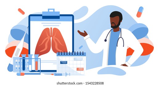 Human Lungs And Respiratory System Inspection. Pulmonology Of Human Vector Illustration For Website, App, Banner. Fibrosis, Tuberculosis, Pneumonia, Cancer, Black Skin Doctor Doing Medical Research