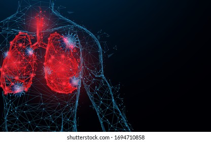 Human Lungs. Respiratory Virus And Coronavirus Outbreak And Coronaviruses Influenza. Lines, Triangles, Particle, Low Poly And Wireframe Design