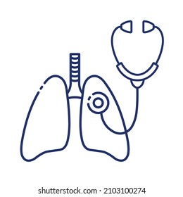 Human lungs and stethoscope outline icon. Diagnosis of pulmonary diseases.  Collection of stylish icons on the theme of medical tools, drugs and healthcare diagnostics. Vector monochrome illustration.