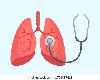 Human lungs and stethoscope. World pneumonia day. Examine and check your lungs. Medical information banner, isolated on white background. Flat design, cartoon style.