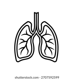 Pulmones humanos con tráquea y dibujo de la línea del árbol bronquial en blanco y negro: ilustración del sistema respiratorio mínimo para Educación médica y biología