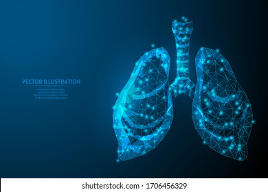 Pulmões e traqueia humanos. Anatomia orgânica. Pneumonia por coronavírus, câncer, transplante de órgãos, tuberculose, asma. Tecnologia médica inovadora. Ilustração vetorial isolada de wireframe 3d low poly.