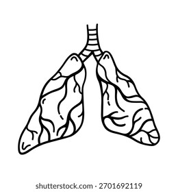 Ilustración vectorial pulmonar humana. Órgano del sistema respiratorio con bronquios, tráquea. Boceto dibujado a mano, garabato blanco y negro. Clipart aislado simple para proyectos médicos, educativos, pulmonología