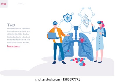 Human lungs in virtual reality, VR AR in medicine, projection virtual reality glasses, Vector illustration for web banner, infographics, mobile.medicine research therapy health analysis laboratory 