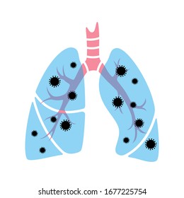 Human lungs with virus infection. Illness and coronavirus epidemic concept. Vector isolated flat illustration. Medical, educational or science banner
