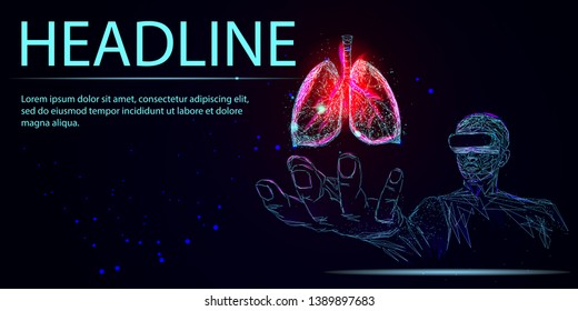 Human lungs. VR headset holographic projection virtual reality glasses. Futuristic medicine research therapy health analysis laboratory vector illustration. Headline