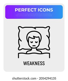 Human lying in bed and feels weakness. Thin line icon of illness symptom. Modern vector illustration.