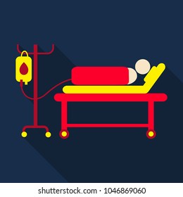 human lying in bed at hospital ward. Patient with equipment for blood transfusion . Vector flat design illustration. Horizontal layout.