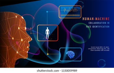 Human Machine Collaboration In Face Identification Concept, Human Face Made With Mesh Network On Shiny Blue Background For Responsive Web Template Design.