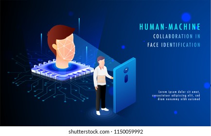 Human Machine Collaboration In Identification Concept, Isometric Illustration Of Man In Front Of Mobile Phone For Facial Biometric Identity And Approval, Data And Technology Concept.