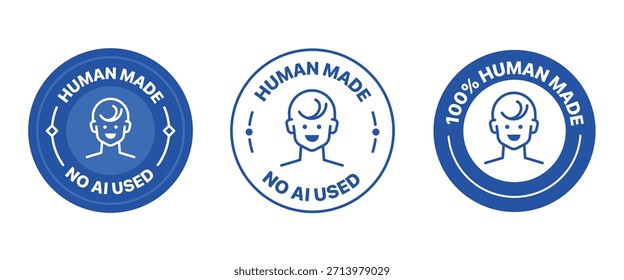Conjunto de insignias hechas por humanos. Incluye ninguna IA usada, hecha por el humano, logotipo, muestra, símbolo y etiqueta engomada