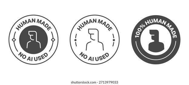 Conjunto de insignias hechas por humanos. Incluye ninguna IA usada, hecha por el humano, logotipo, muestra, símbolo y etiqueta engomada