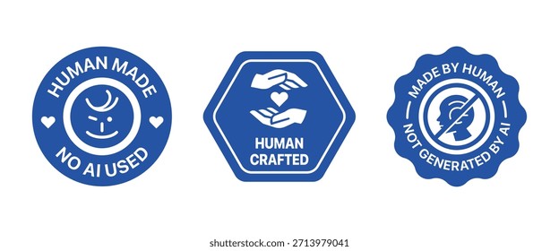 Conjunto de insignias hechas por humanos. Incluye ninguna IA usada, hecha por el humano, logotipo, muestra, símbolo y etiqueta engomada