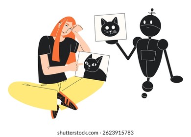 Human made painting versus AI generated image. Artistic creativity compared to artificial intelligence. Flat vector illustration