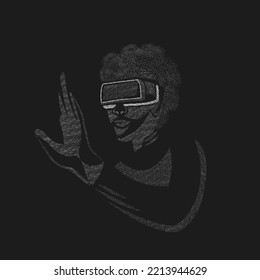 Human Made Of Particle Dots With Wearing VR Box Against Black Background.