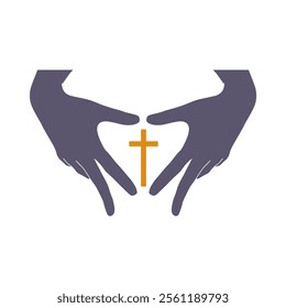 Human making hands in heart shape. Help, religion and love concept. Cross icon between hands