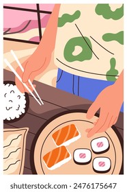 Humano haciendo sushi. Concepto de comida asiática, sushi. Ilustración de Vertical de Vector