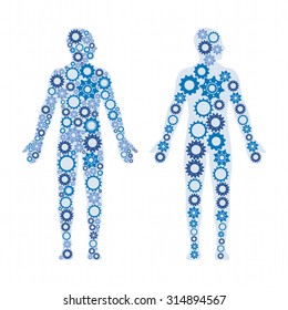 Human male bodies composed of gears, healthy lifestyle and anatomy concept