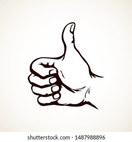 Human male body okay vote fist right mark idea on white paper text space. Freehand outline black ink drawn alright success media logo pictogram emblem badge in retro art doodle cartoon vector style