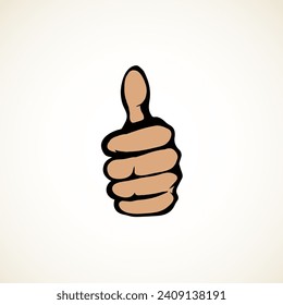 Human male body okay vote fist right mark idea on white paper text space. Freehand outline black ink drawn alright success media logo pictogram emblem badge in retro art doodle cartoon vector style