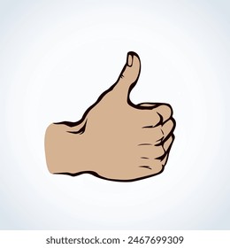 Human male body okay vote fist right mark idea on white paper text space. Freehand outline black ink drawn alright success media logo pictogram emblem badge in retro art doodle cartoon vector style