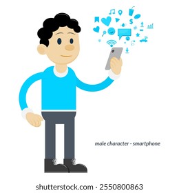 human. male character holding smartphone. man using smartphone with some feature icons and social media symbols. digital era. internet and social media. use of mobile apps. advanced features. online