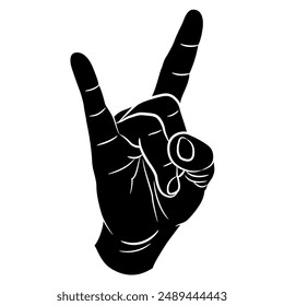 Human male hand in apotropaic horn gesture. Heavy metal emblem. Black and white silhouette. Cartoon style.