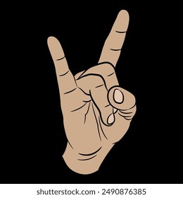 Human male hand in apotropaic horn gesture. Heavy metal emblem. Cartoon style. On black background.