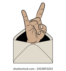 Human male hand in apotropaic horn gesture inside paper envelope. Cartoon style. Isolated vector illustration.