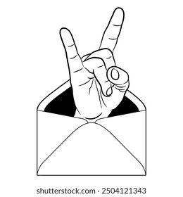 Human male hand in apotropaic horn gesture inside paper envelope. Cartoon style. Black and white silhouette.