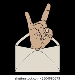 Human male hand in apotropaic horn gesture inside paper envelope. Cartoon style.