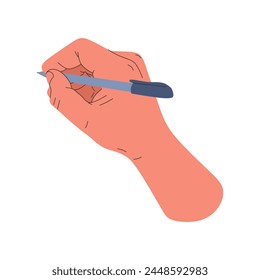 Human male hand holding blue pen. Hand writing, drawing with liner. Flat illustration of artist arm holding felt-tip pen for handwriting, calligraphy,painting. Art tool, instrument.Vector illustration