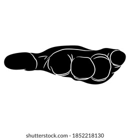 Mano masculina humana. Abre la palma vacía. Llevando gesto de apoyo. Vista frontal. Silueta blanca y negra.