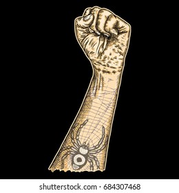 Human male hand raised up with flash tattoo spider and web, symbol of fighting, freedom, revolution, protest and riot. Man power. Man wrist illustration isolated on black background. Vector. 