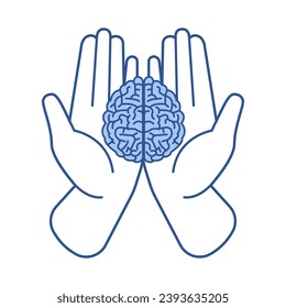 Human male hands hold abstract heart shape blue color. Mental health, peace and life concept. Physical and psychological health. Peace of mind, charity and support. Therapy help banner. Vector.