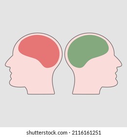 Human male head with green and red brain, symbol of mental health, happy and sad emotions, simple vector illustration