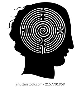 Human male head with a round spiral maze or labyrinth symbol inside. Black and white silhouette. Creative concept for enigma of brain and intelligence.