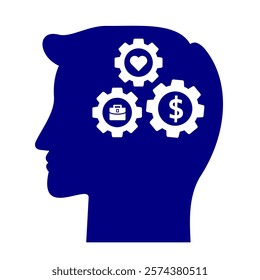 Human male head side silhouette icon blue colour thinking of job, love, and money. Young man silhouette critical thinking about future life. Clip art side head