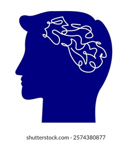 Human male head side silhouette icon blue colour stress. Young man silhouette critical thinking about future life. Clip art side head. Stress mind. Psychology clip art