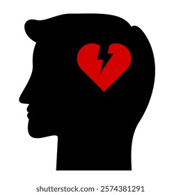 Human male head side silhouette icon black colour broken heart. Young man silhouette critical thinking about romance strugle. Clip art side head. Depression