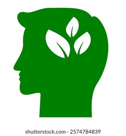 Human male head side silhouette green colour clip art with leaves. Young man silhouette. Green think for future life