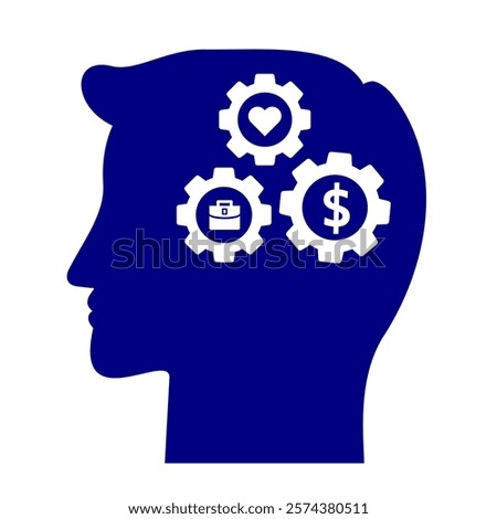 Human male head side silhouette icon blue colour thinking of job, love, and money. Young man silhouette critical thinking about future life. Clip art side head