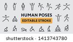 Human Man Body Poses. Line Icons Set. Positions, Yoga, Meditation, Standing, Waving Hand, Walking, Sitting, Running, Jumping, Praying, Stretching. Editable Stroke.