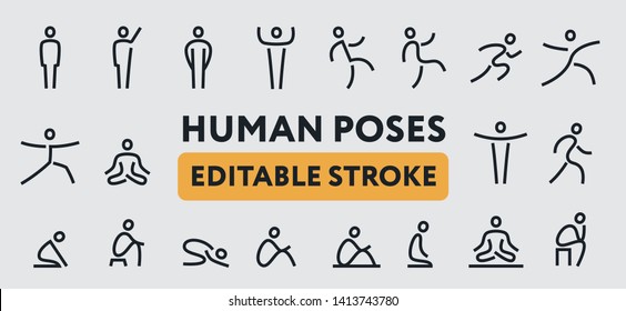 Human Man Body Poses. Line Icons Set. Positions, Yoga, Meditation, Standing, Waving Hand, Walking, Sitting, Running, Jumping, Praying, Stretching. Editable Stroke.