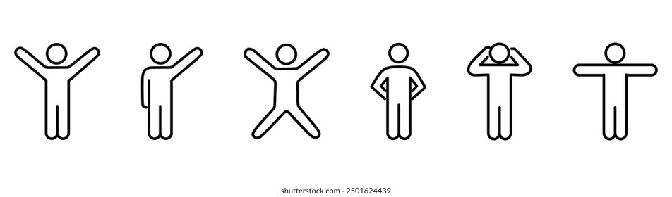 Human Man Body Poses. Line Icons Set. Positions, Yoga, Meditation, Standing, Waving Hand, Walking, Sitting, Running, Jumping, Praying, Stretching
